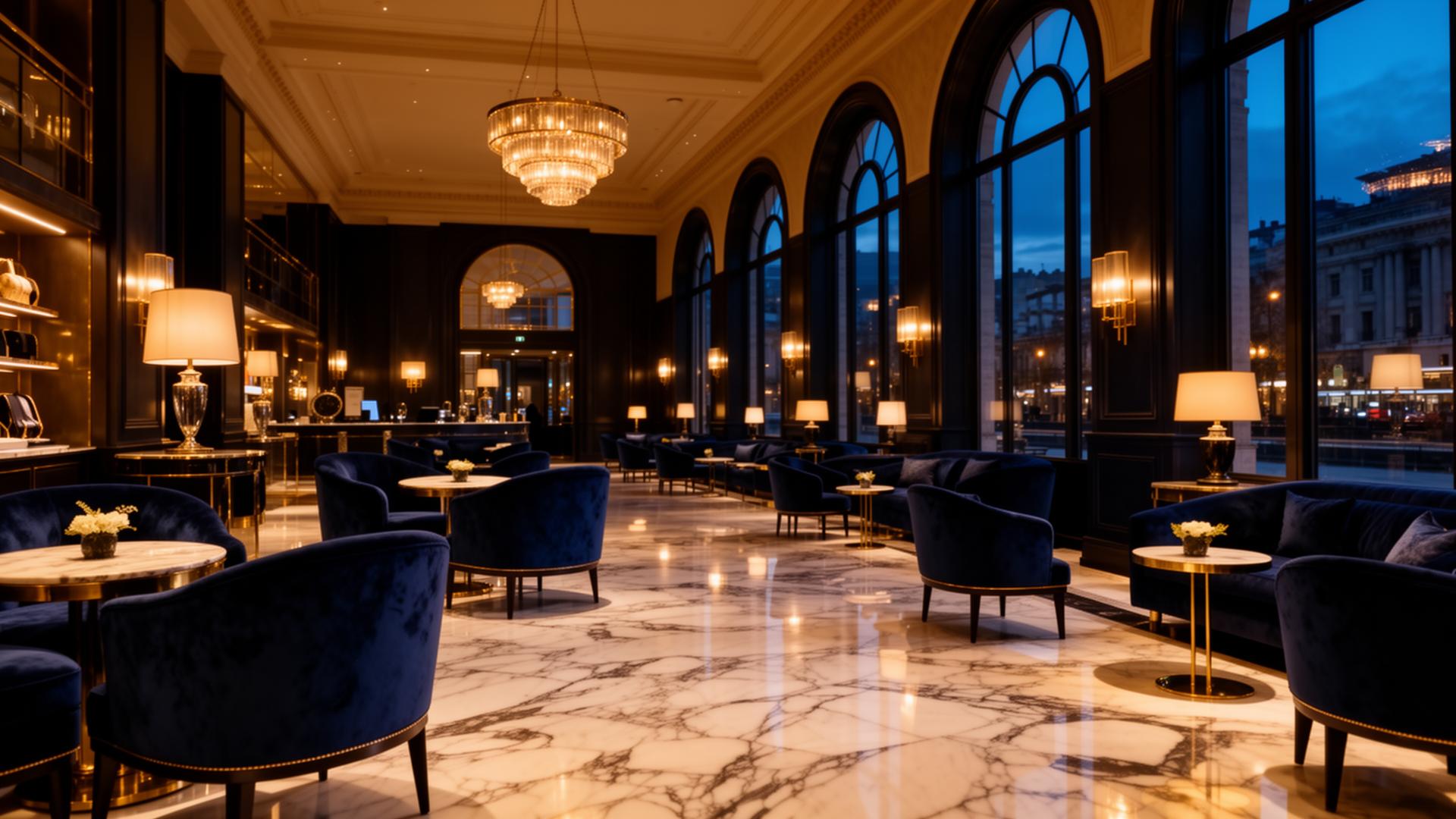 Luxury hotel lobby at dusk with marble floors and warm lighting